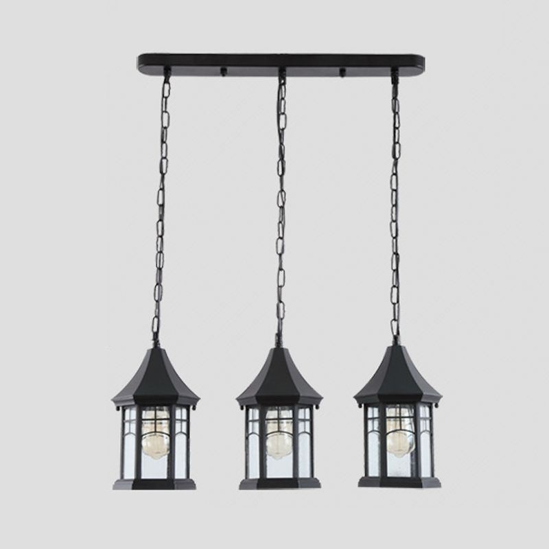 Cottage Lantern Multi Ceiling Light 3 Lights Clear Bubble Glass Suspension Lighting in Black with Linear Canopy