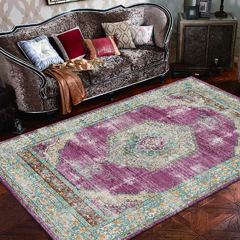 Dark Red Bohemian Rug Polyester Graphic Rug Non-Slip Backing Rug for Home Decoration