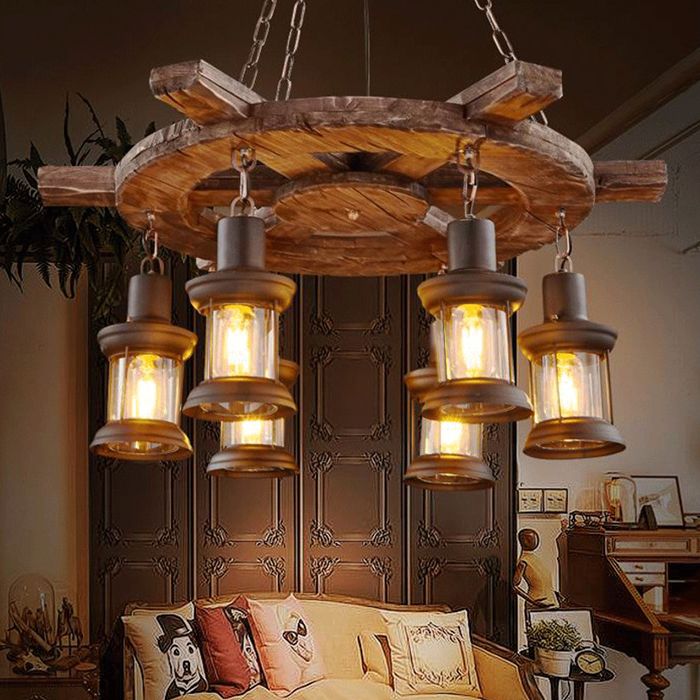 Black Wooden Boat Chandelier Retro Industrial Circular 6 Light Suspension Light for Dining Room Table