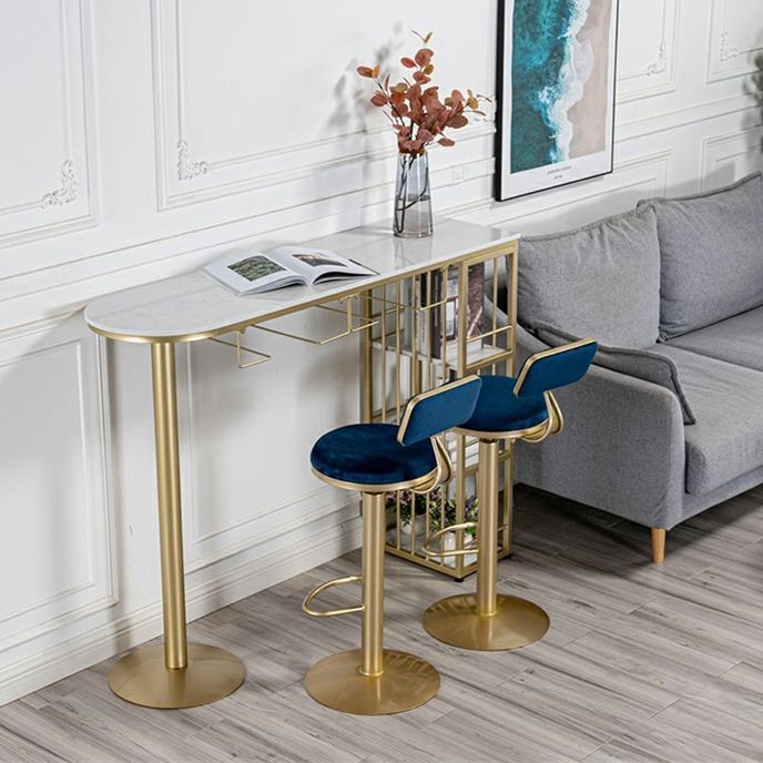 Glam Gold Iron Bistro Table White Stone Top Indoor Bar Dining Table with Shelf