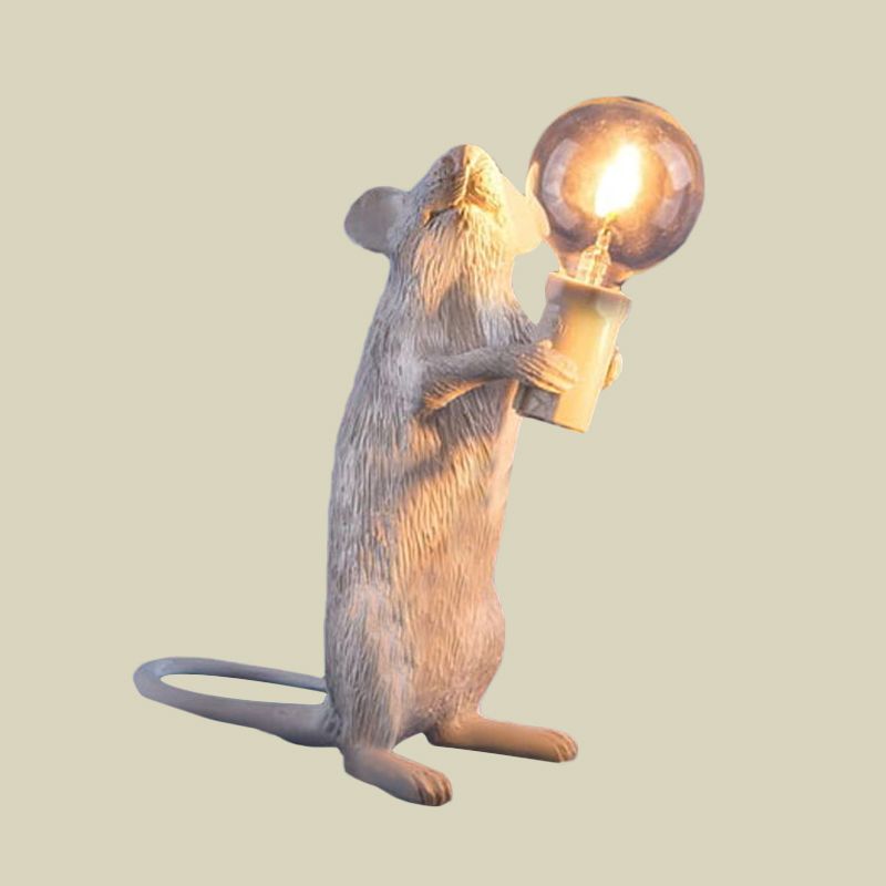 Resin Servant Mouse Night Light Kids Novelty 1 Bulb White Table Lighting for Bedside