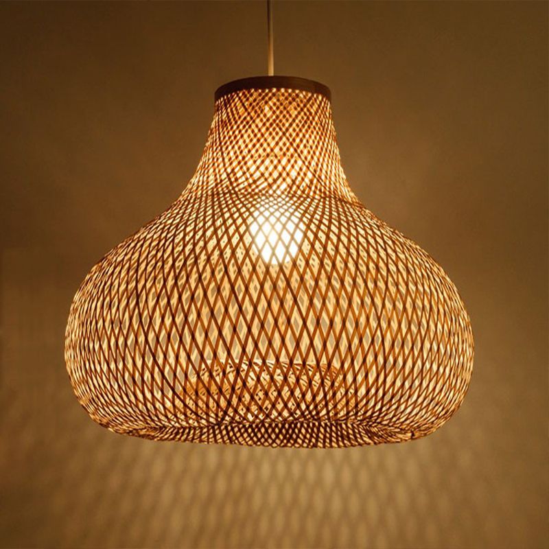 Traditionary 1 Bulb Ceiling Lamp Wood Jar Hanging Pendant Light with Bamboo Shade for Restaurant