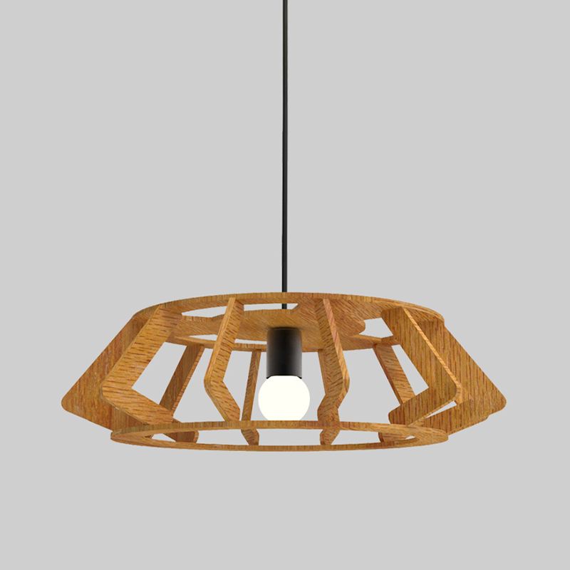 Lampada a sospensione a sospensione con cornice di tamburi asiatici in legno di studio a 1 lutto.