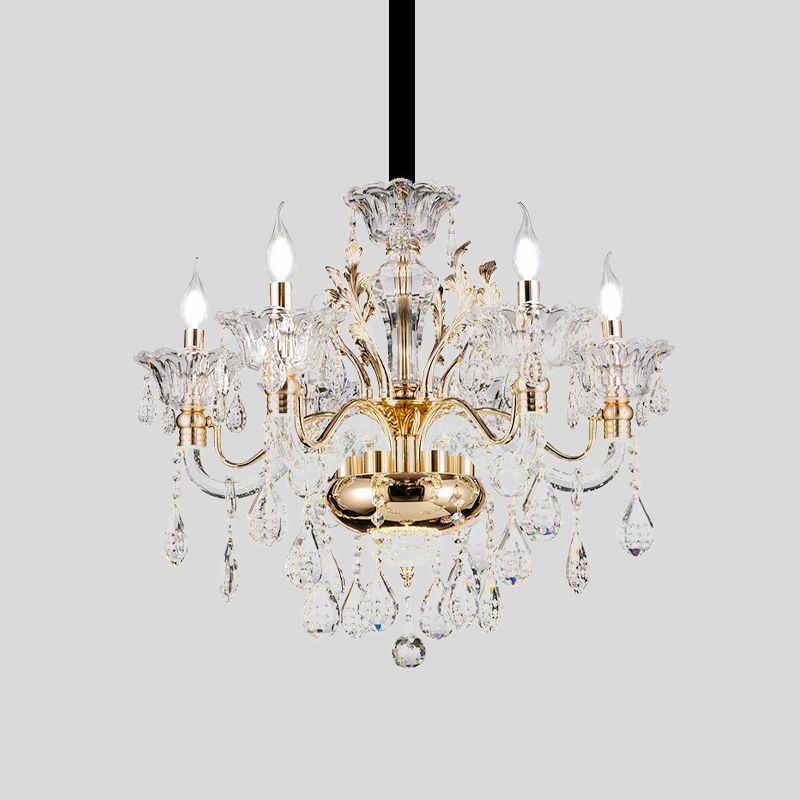 6 lumières K9 Crystal Pendante Light Mid-Century Gol Gold Candlestick Bedroom Chandelier Lampe