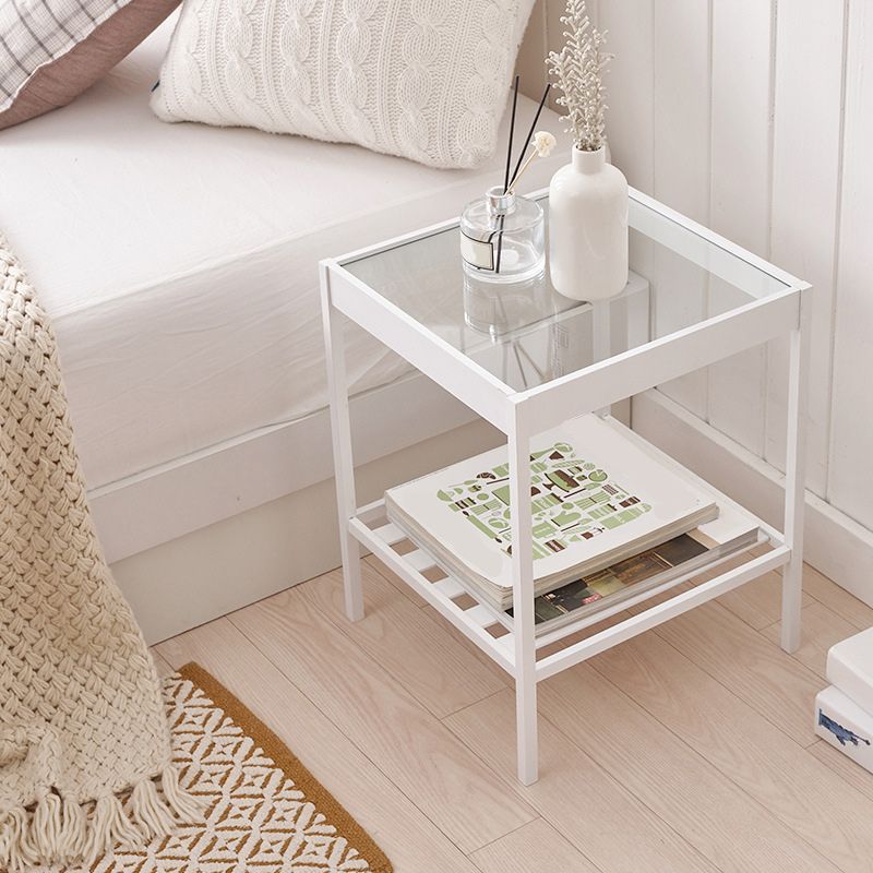 Modern Glass Top Night Table Open Storage Bamboo Bed Nightstand with Legs