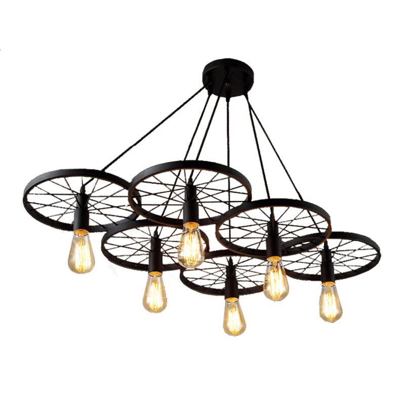 Metal Wagon Wheel Pendant Lamp Industrial Restaurant Hanging Light Fixture in Black