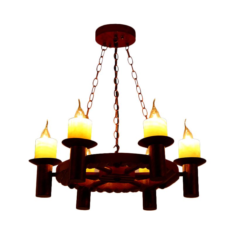 Wood Wheel Pendant Chandelier Farmhouse 6 Heads Living Room Hanging Light Kit in Brown with Candle Design