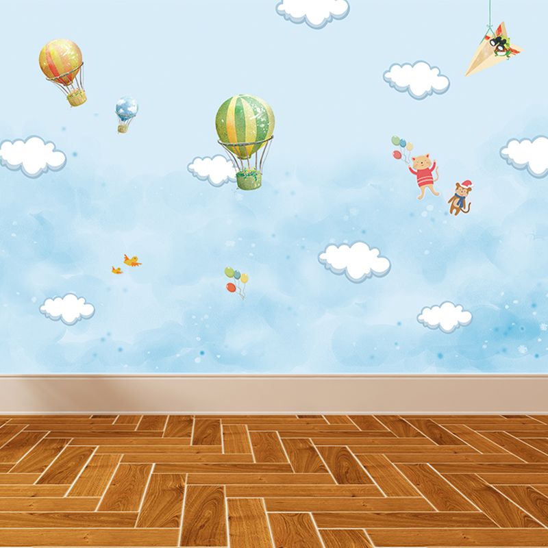 Blue Cartoon Wall Mural Whole Sky with Hot Air Balloon Drawing Wall Covering for Accent Wall