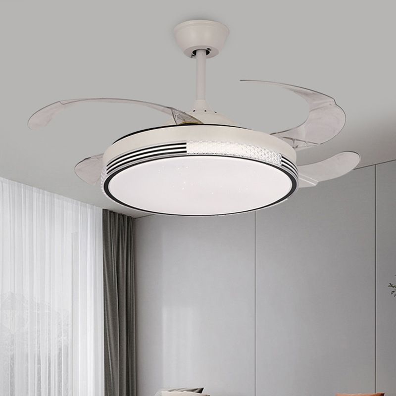 Retractable LED Ceiling Fan Modernism Drum Fan Light in White Finish