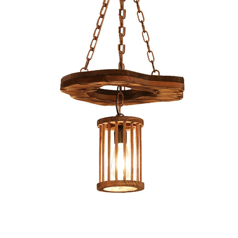 1 Light Cylinder Pendant Lighting Factory Black Wooden Hanging Light Fixture with Frame and Chain