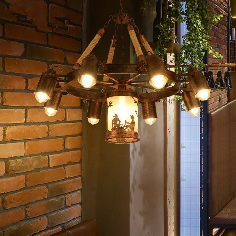 8 Lights Iron Adjustable Chandelier Pendant Industrial Black/Rust Wheel Restaurant Ceiling Spotlight with Rope Accent