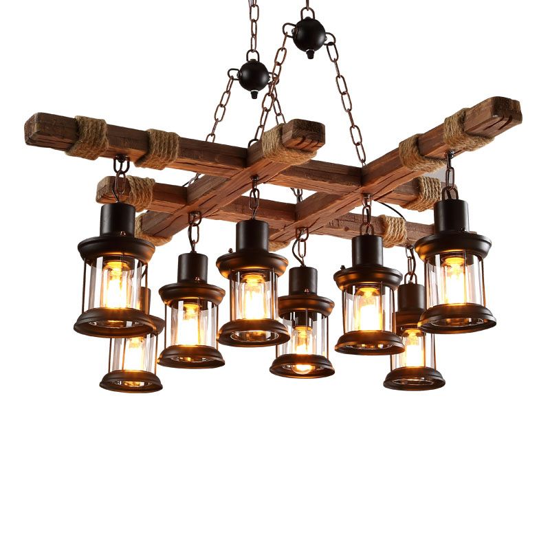 Retro Industrial Style Cylinder Chandelier Wood Pendant Ceiling Lights for Restaurant