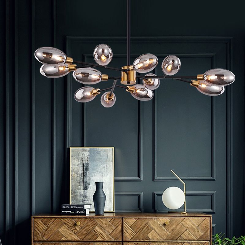 12-Bulb Parlor Close to Ceiling Light Vintage Brass Semi Mount Lighting with Ellipse Smoke Grey Glass Shade