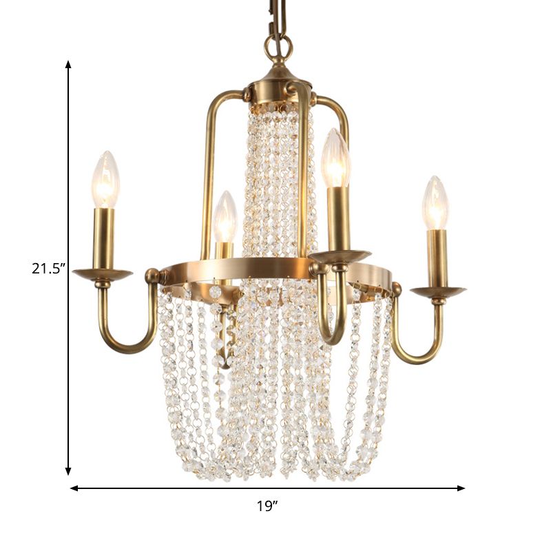 Scroll Frame Chandelier Traditional Copper 4 Lights Golden Hanging Ceiling Light with Crystal Tassel