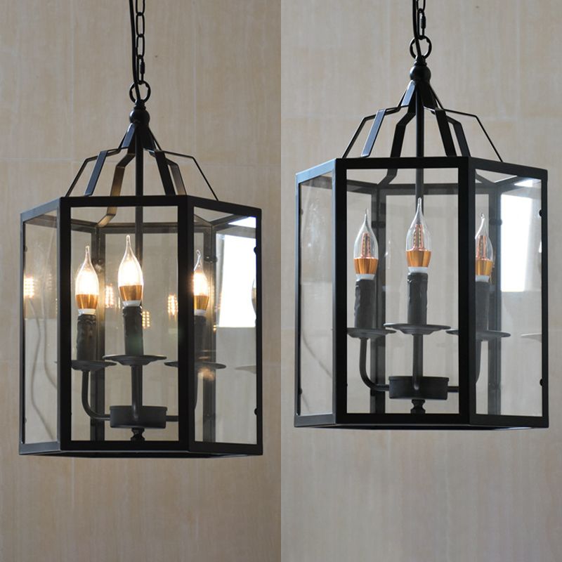 Black 3-Light Pendant Light in Industrial Unique Style Wrought Iron Hanging Lamp with Glass Shade