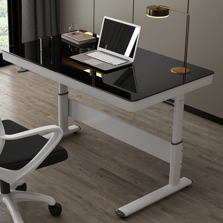 Contemporary Standing Desk Converter White Metal Trestle Base Desk for Office