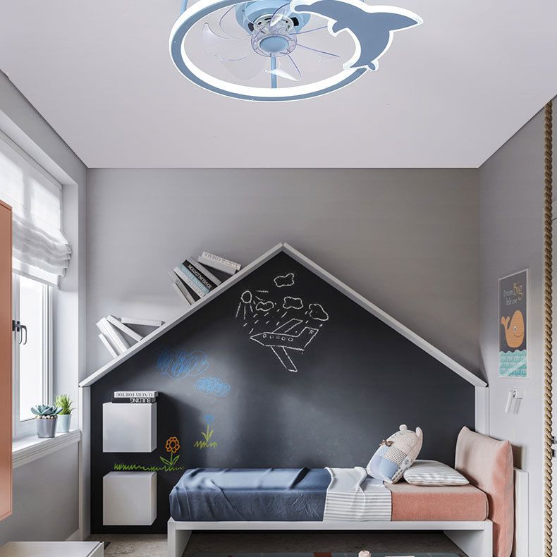 Cartoon LED Semi Flush Lamp Circular Ceiling Fan Light with Acrylic Shade for Child Room