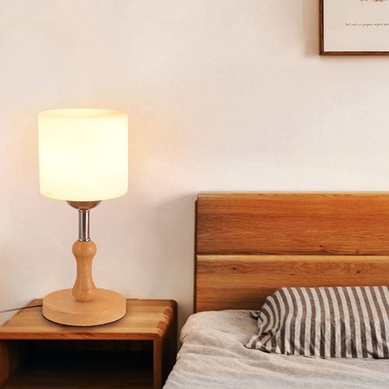 Globe/Cylinder/Square Night Table Light Modernist Frosted Glass 1 Light Wood Night Lamp for Bedside