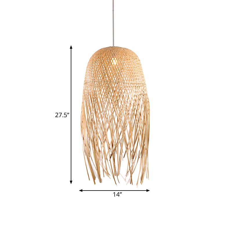 Dome Hand-Woven Bamboo Pendant Light Asian Style 1 Light Beige Suspension Lamp for Restaurant