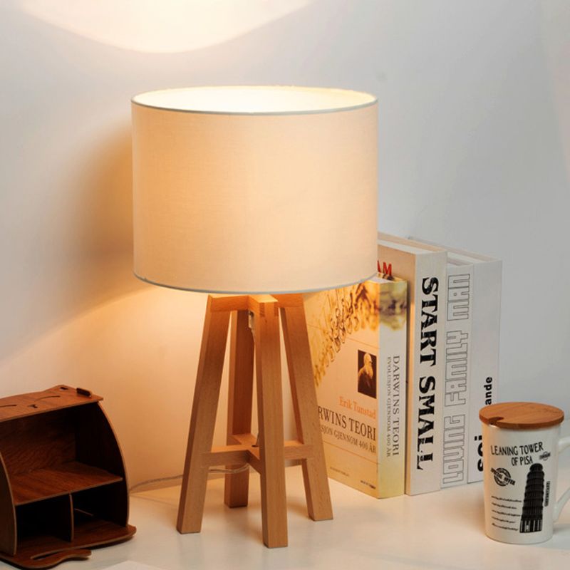 Contemporary Cylindrical Nightstand Lamp Fabric 1 Head Reading Book Light in Flaxen/White