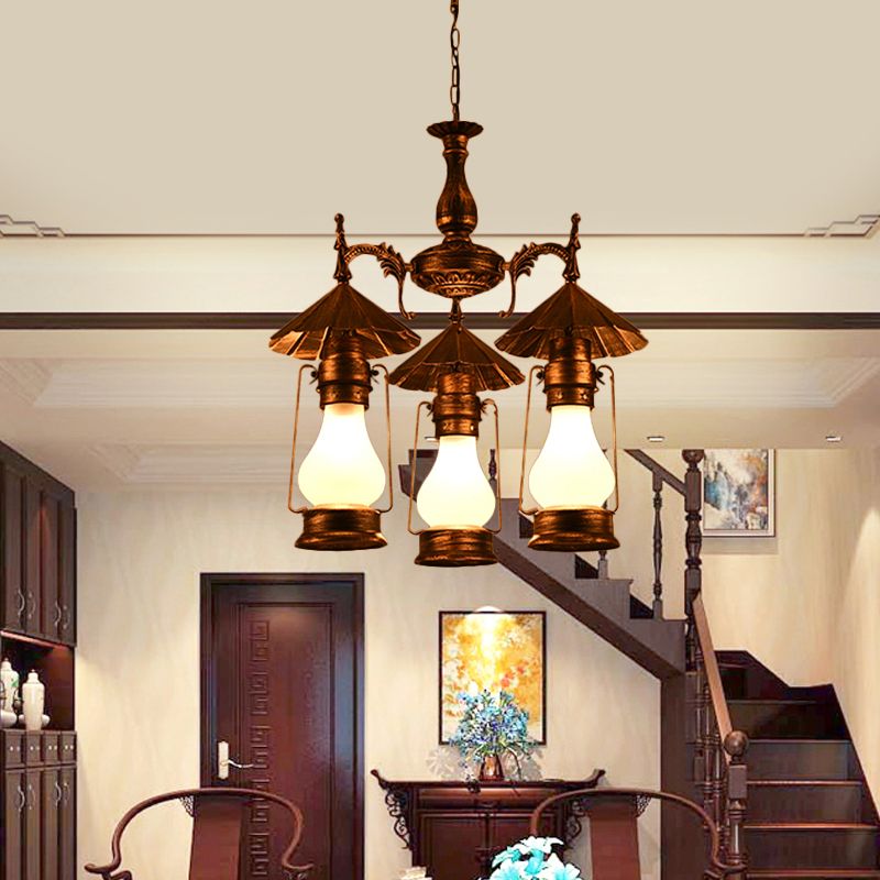 Bronze 3 Heads Pendant Chandelier Warehouse Yellow Crackle/White Glass Kerosene Hanging Ceiling Light for Restaurant