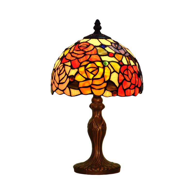 Rosebush Nightstand Light 1-Head Cut Stained Glass Tiffany Table Lamp with Bowl Shade in Bronze