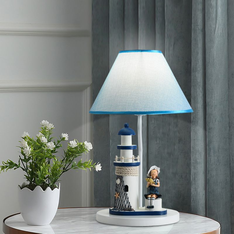 Boy/Girl and Lighthouse Table Light Cartoon Resin 1 Light White/Blue Night Stand Lamp with Tapered Shade