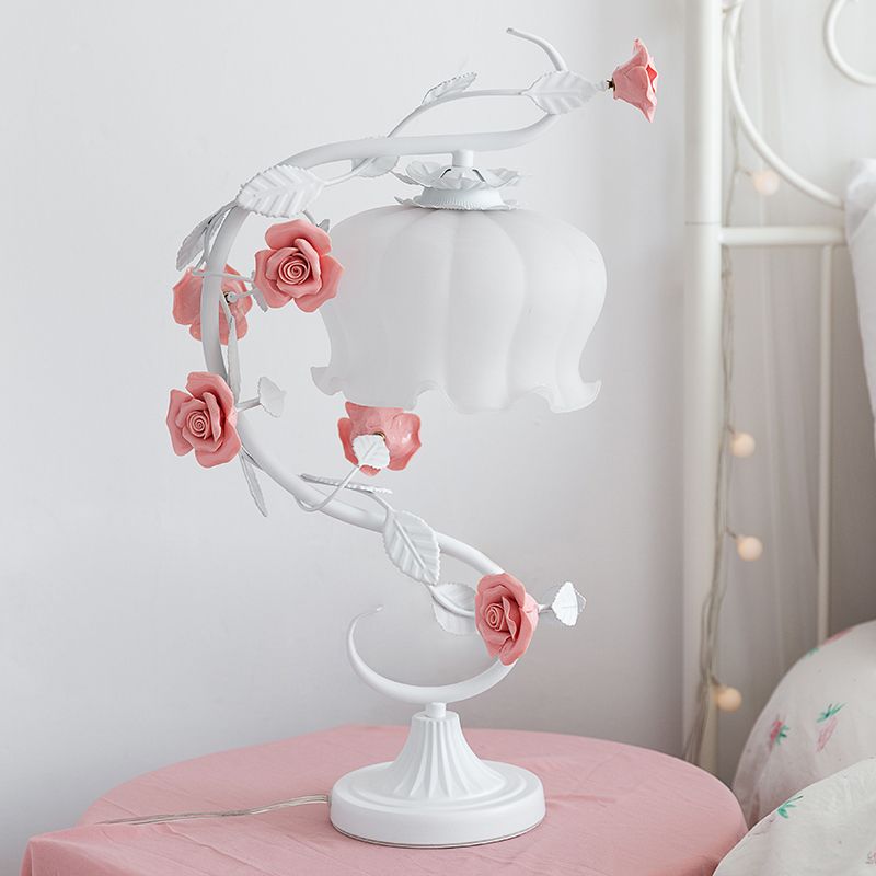 1 Head Table Lamp Pastoral Style Bud White Glass Nightstand Lighting with Ceramic Rose for Bedside