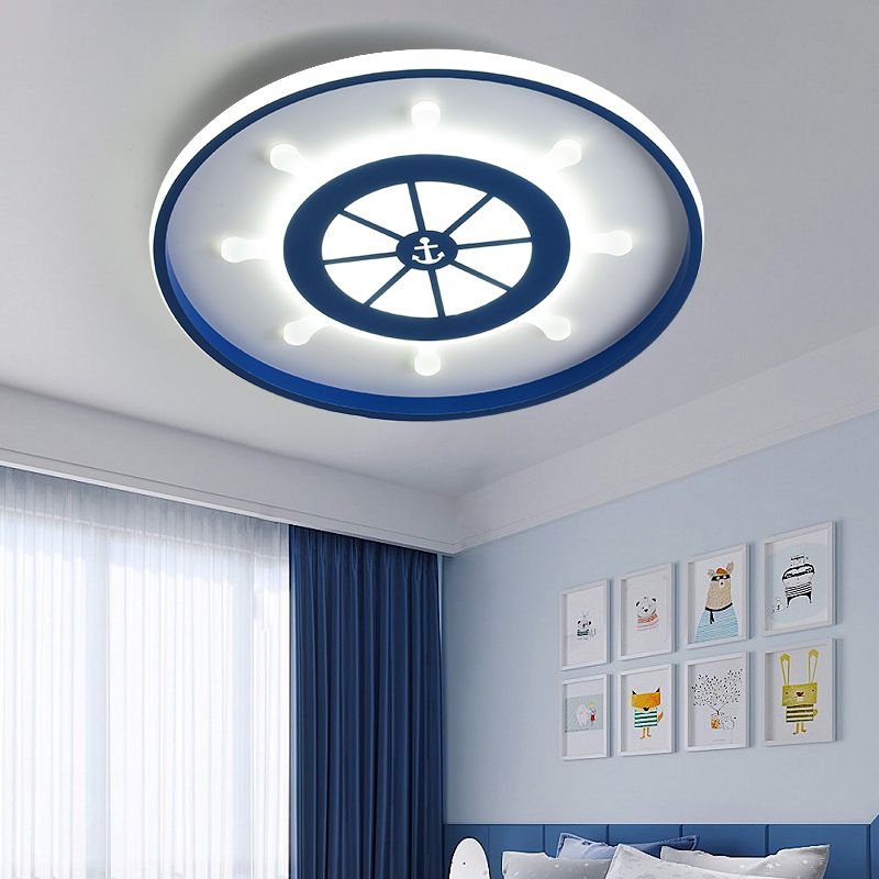 Blue Round Flush Light Fixture Kids 18"/23.5" Wide LED Acrylic Ceiling Lamp with Rudder Design, Warm/White Light