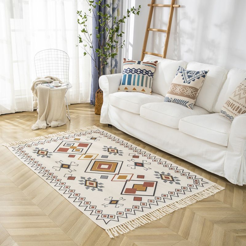 Colorful Americana Print Rug with Fringe Antique Cotton Blend Indoor Carpet Friendly Washable Carpet for Home Decoration