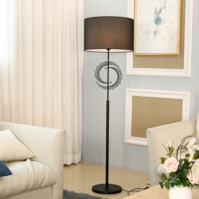 White/Black Circle Floor Light Simplicity 1 Bulb Metal Standing Lamp with Fabric Drum Shade