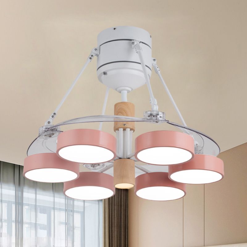 Simplicity Drum Pendant Fan Light Metallic 6-Head 48" W Drawing Room Close to Ceiling Lamp with 4 Clear Blades in Black/White/Pink