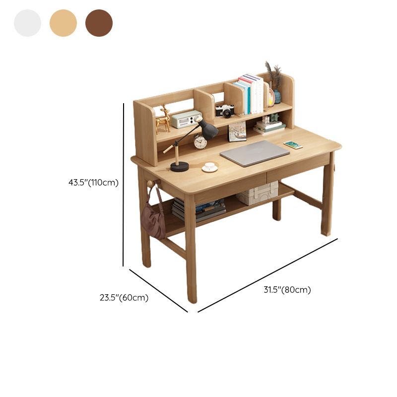 Contemporary Solid Wood Writing Desk with Shelves and 2 Drawers