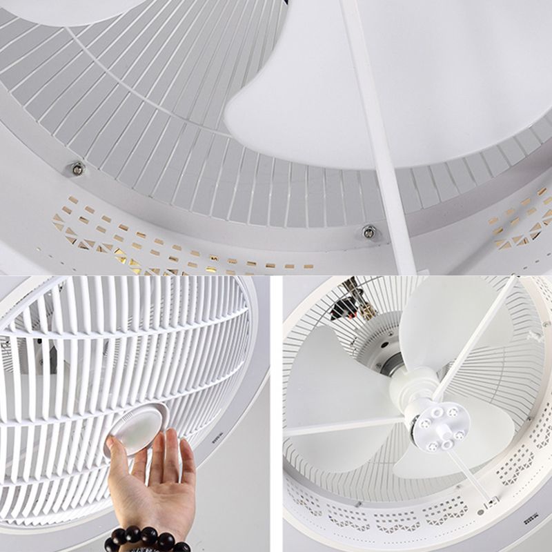 White Hollowed-out Ceiling Fan Nordic Metal LED Round Semi Flush Light for Bedroom