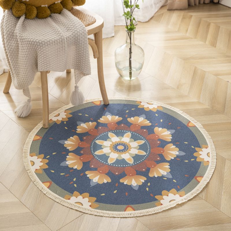 Distinctive Moroccan Round Rug Victoria Floral Printed Area Rug with Fringe Cotton Blend Washable Carpet for Home Decor