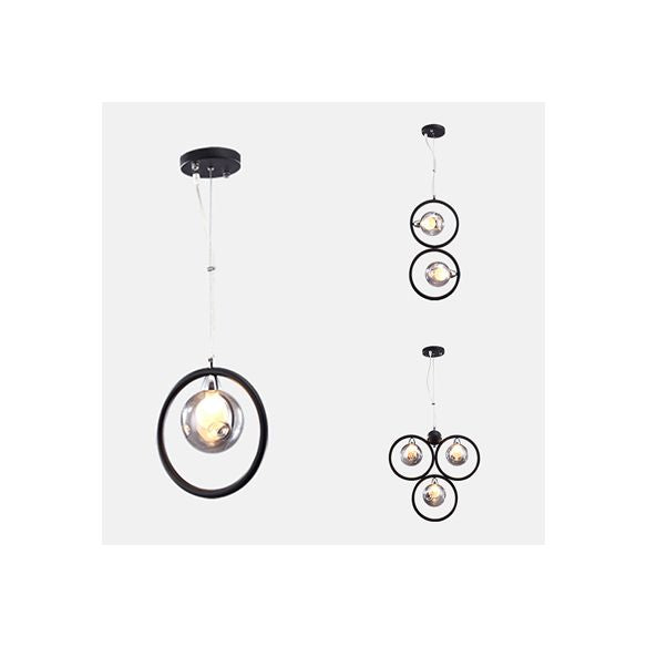 Dimpled Blown Glass Round Pendant Lighting Modern 1/2/3 Lights Led Hanging Ceiling Lamp in Black with Iron Ring