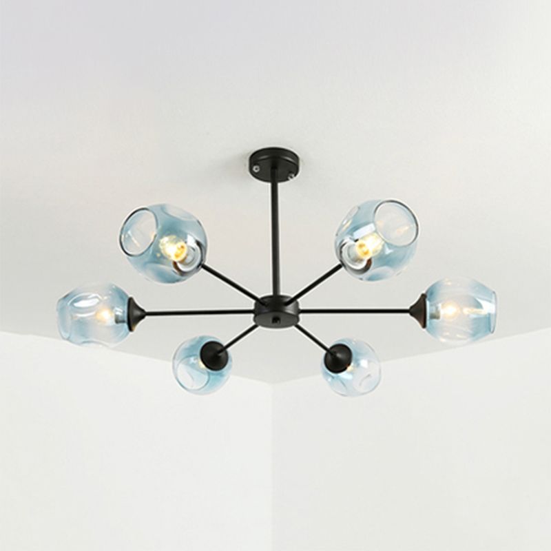 Modernist 3/6/8 Lights Hanging Chandelier Black/Chrome Sputnik Suspension Pendant with Blue/Amber Glass Shade