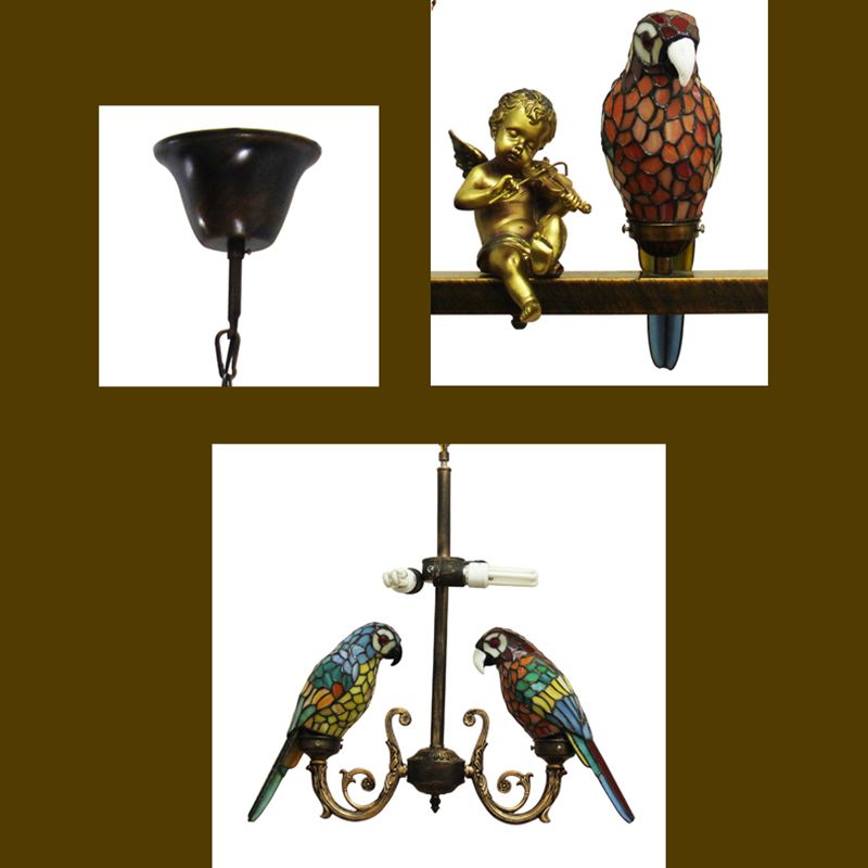 Wrought Iron Pendant Light in Tiffany Artistic Style Parrot Glass Ceiling Light for Corridor