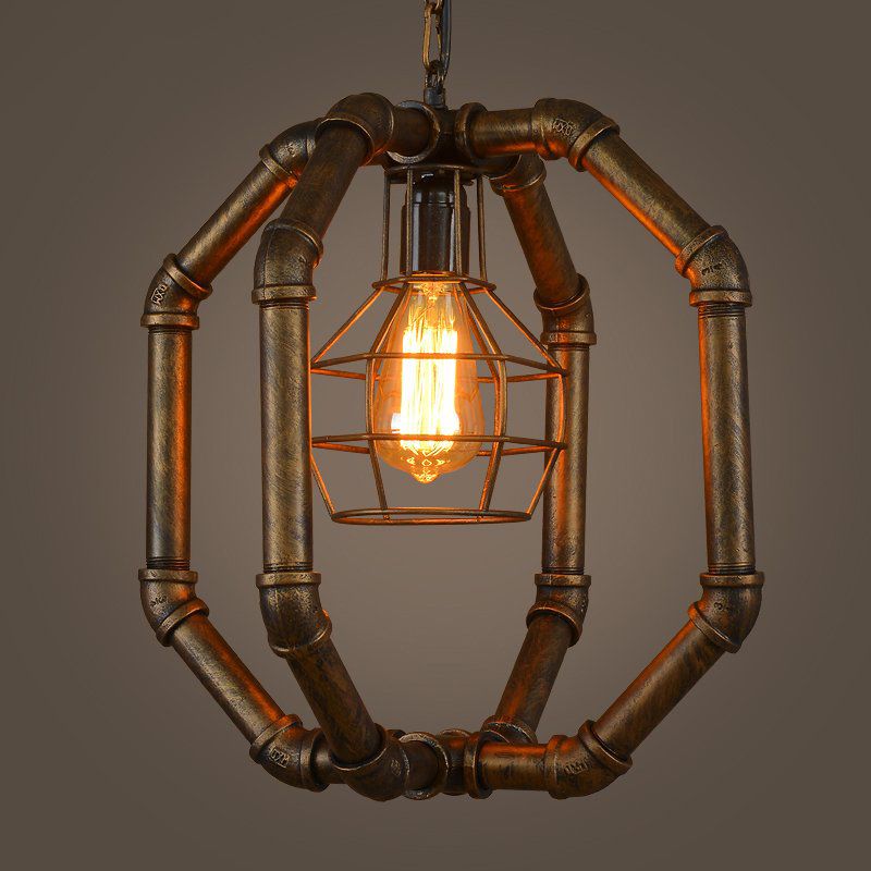 Metal Dual Cage Ceiling Hanging Lantern Industrial 1 Bulb Dining Room Pendant Light in Brass