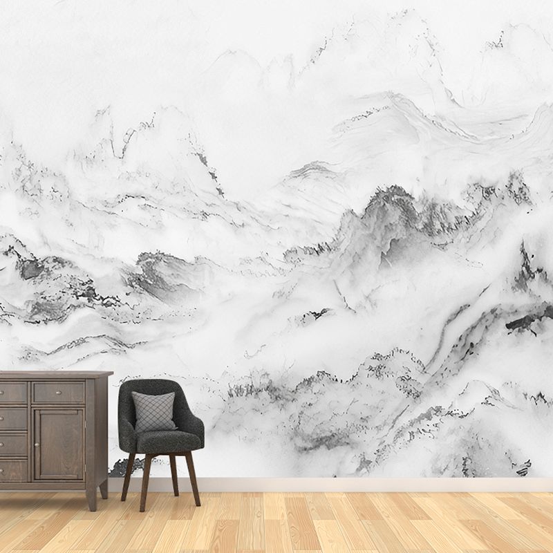 Big Mountain Mural Wallpaper for Living Room 3D Effect Wall Covering in Soft Grey, Stain-Resistant