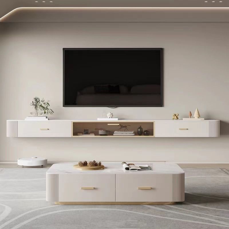 Contemporary Floating Media Console White Faux Wood Stand Console with Drawers