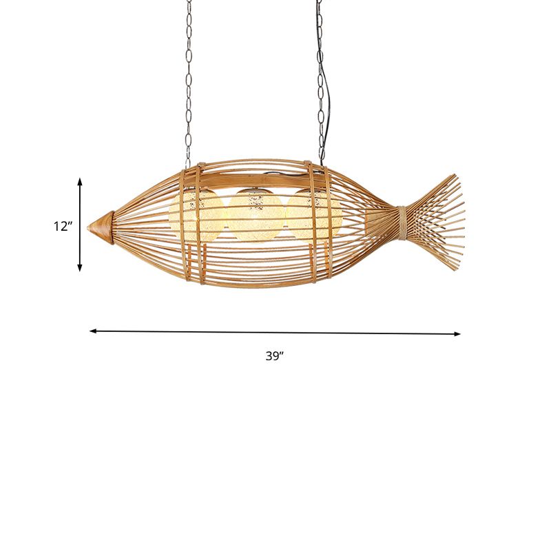 Éclairage de lustre en forme de poisson en bambou Style asiatique 39 "/ 57" W 3 bulbes beige suspendu avec une teinte à balle de rotin intérieure