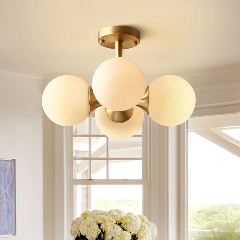 Ball Kitchen Ceiling Mount Light Opaline Glass 4 Bulbs Postmodern Semi Flush Light Fixture in Gold