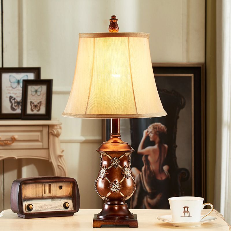 Fabric Bell Shade Night Stand Lamp Traditional Style 1-Bulb Desk Light in Brown with Urn Base