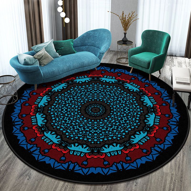 Round Tribal Symbols Carpet Polyester Moroccan Indoor Rug Non-Slip Backing Rug for Living Room