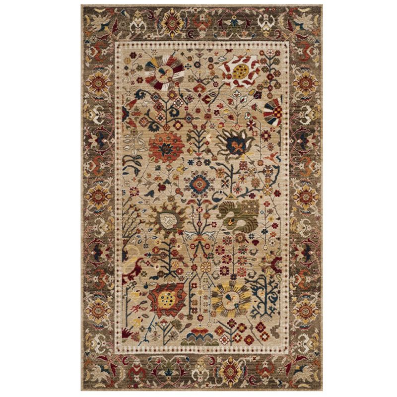 Brown Tone Floral Print Rug Polyester Traditional Anti-Slip Backing Indoor Rug for Living Room