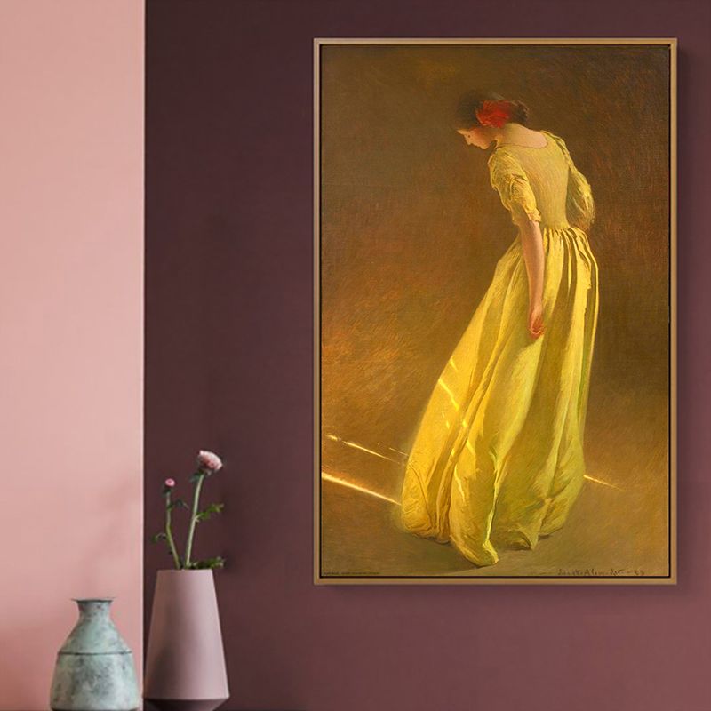 Girl in Yellow Dress Art Print Textured Surface Vintage Style Living Room Wall Decor