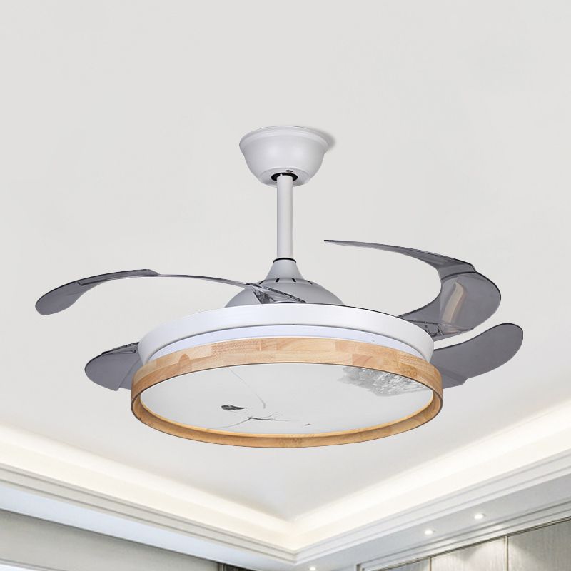 Circle Ceiling Fan Light Minimalism Acrylic White 4-Blade LED Semi Flush Mount with Wooden Detail, 42" Wide