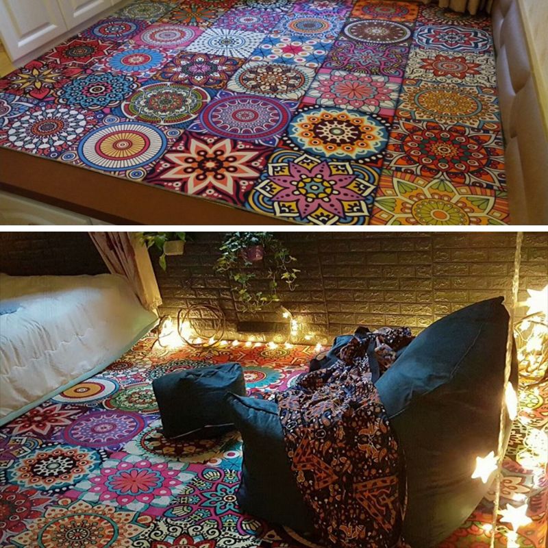 Multicolor Home Decoration Carpet Retro Moroccan Tile Area Rug Polyester with Non-Slip Backing Rug