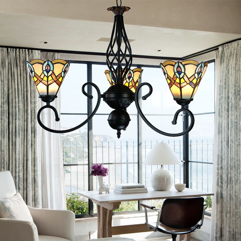 Black Finish Peacock Chandelier Light Stained Glass 3 Lights Rustic Pendant Lamp for Dining Table